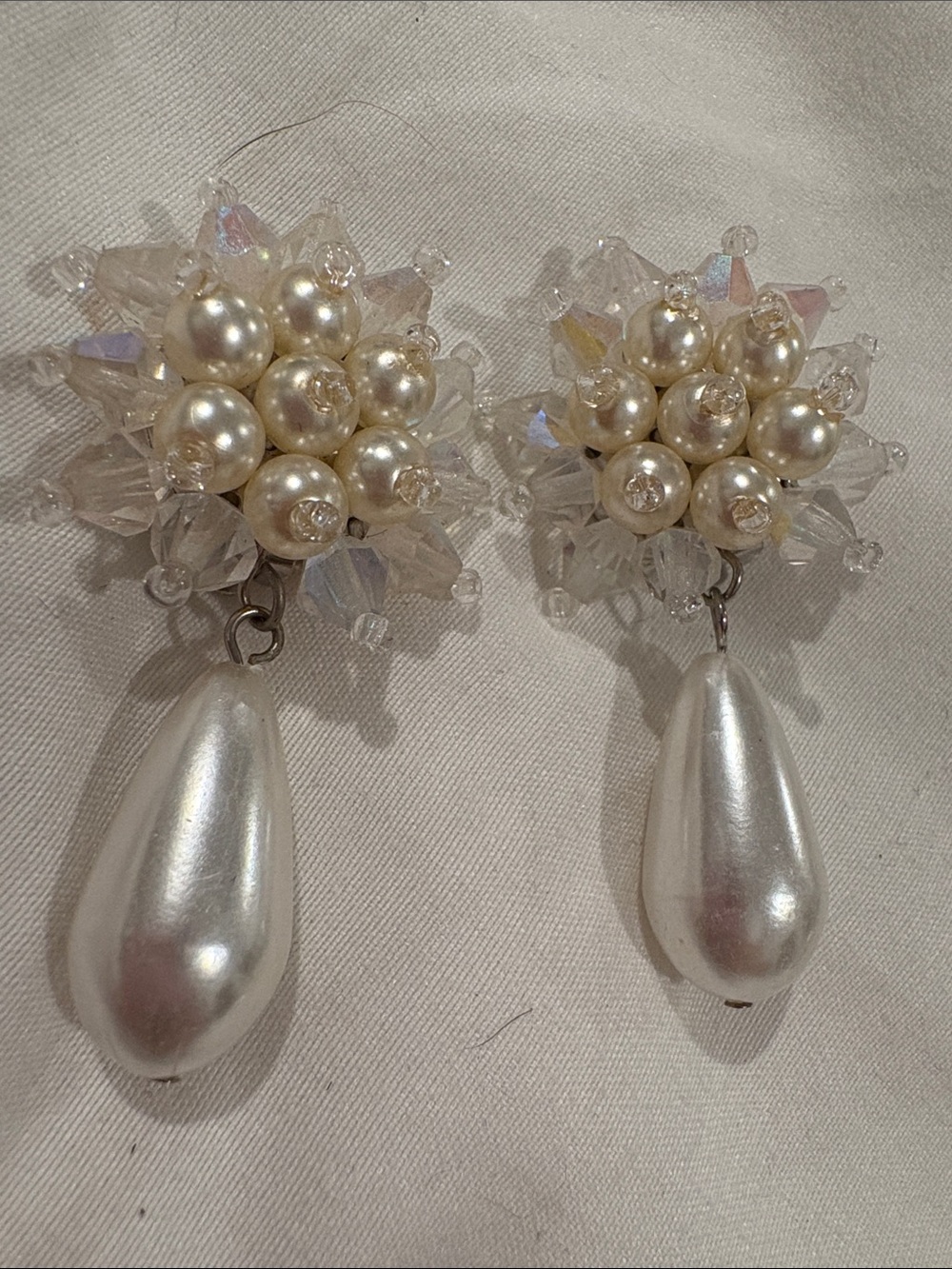Pearl Cluster Drop Earrings - White  Pearl & AB swarofski Crystal Clip Vintage N
